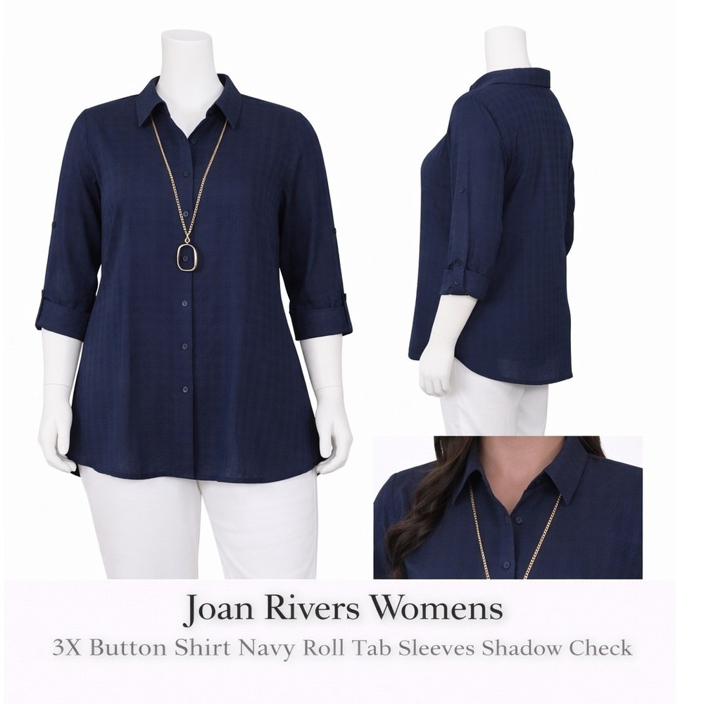 Joan Rivers Womens 3X Button Shirt Navy Blue Roll Tab Sleeve Shadow Check Cotton